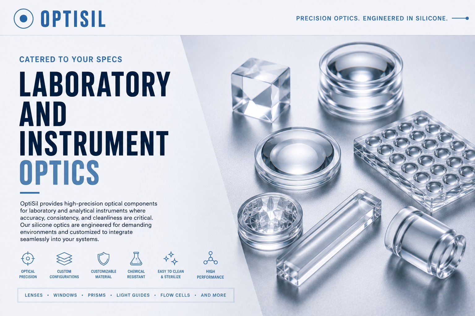 Laboratory and instrument optics: precision silicone lenses, cuvettes, and microwell arrays