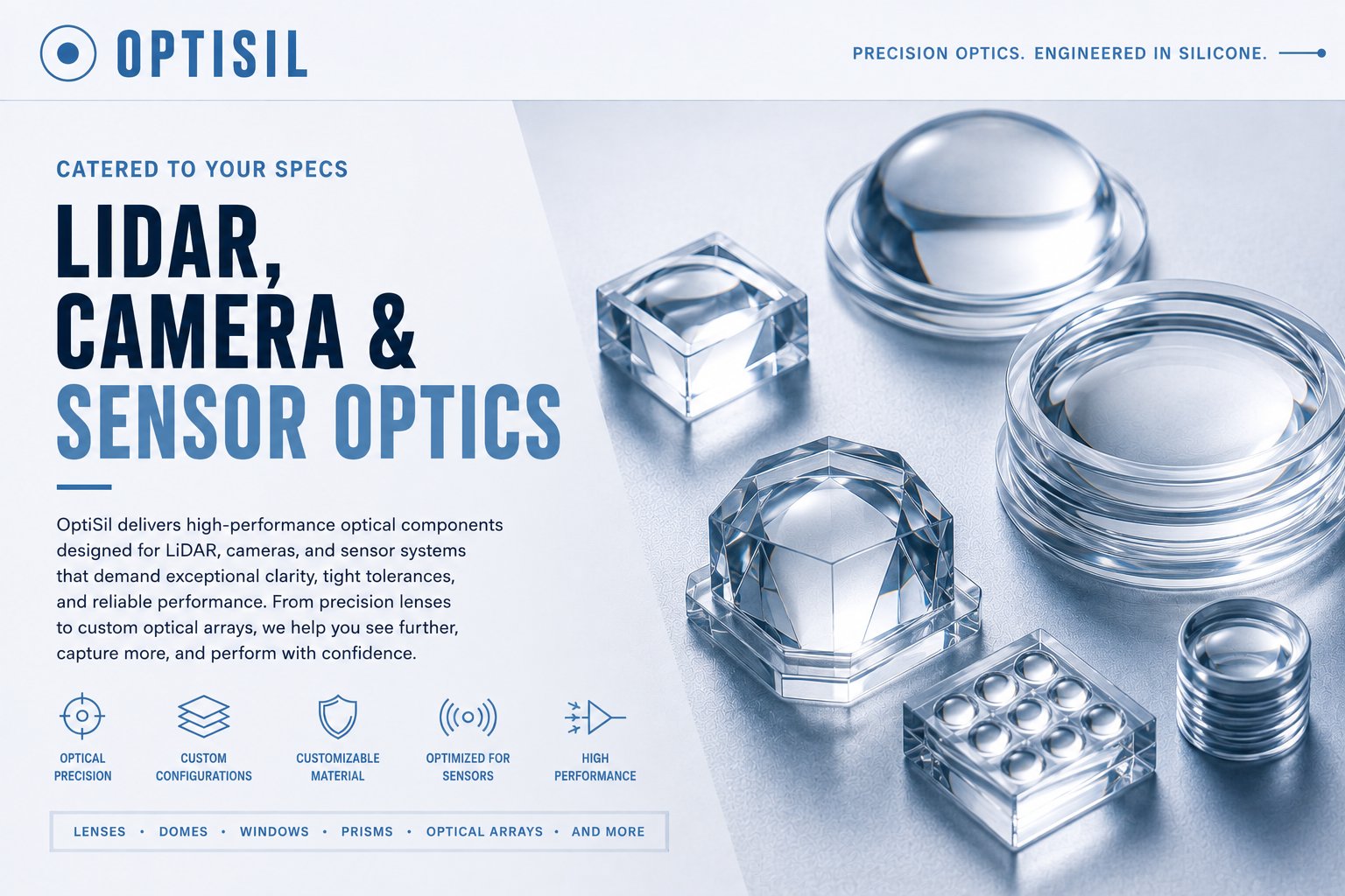 LiDAR, camera, and sensor optics: precision silicone lenses, domes, and micro-lens arrays