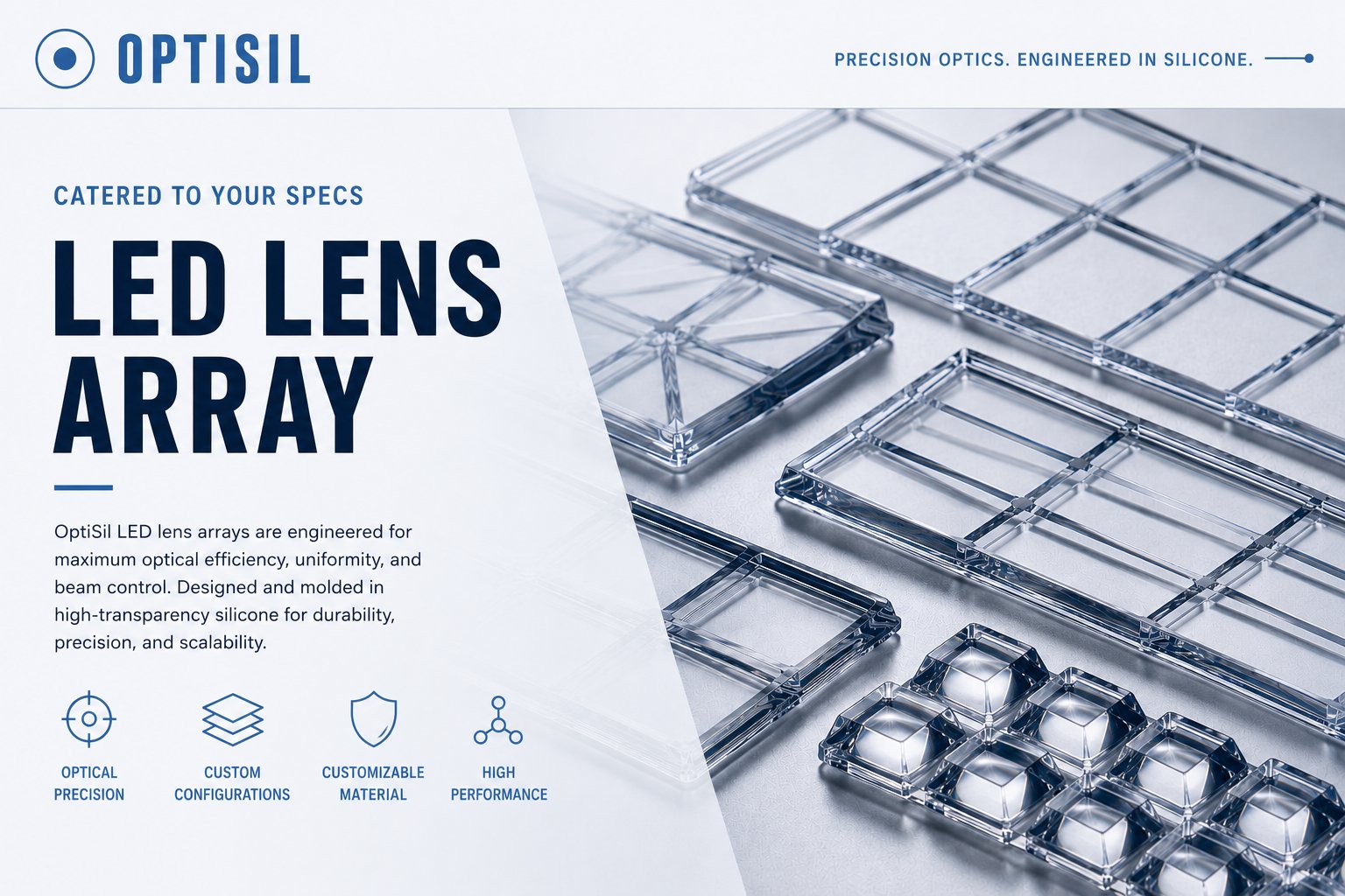 OptiSil LED Lens Array &mdash; catered to your specs. Optical precision, custom configurations, customizable material, high performance.