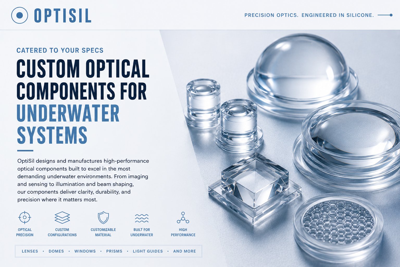 Custom optical components for underwater systems: silicone lens domes, cylindrical lenses, and prisms