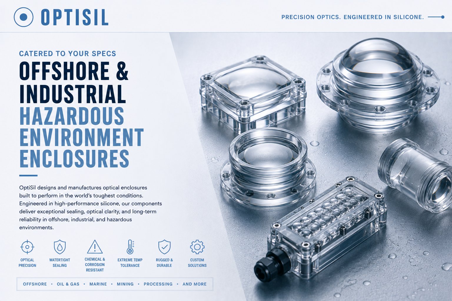 Offshore and industrial hazardous environment enclosures: sealed silicone optical domes and windows