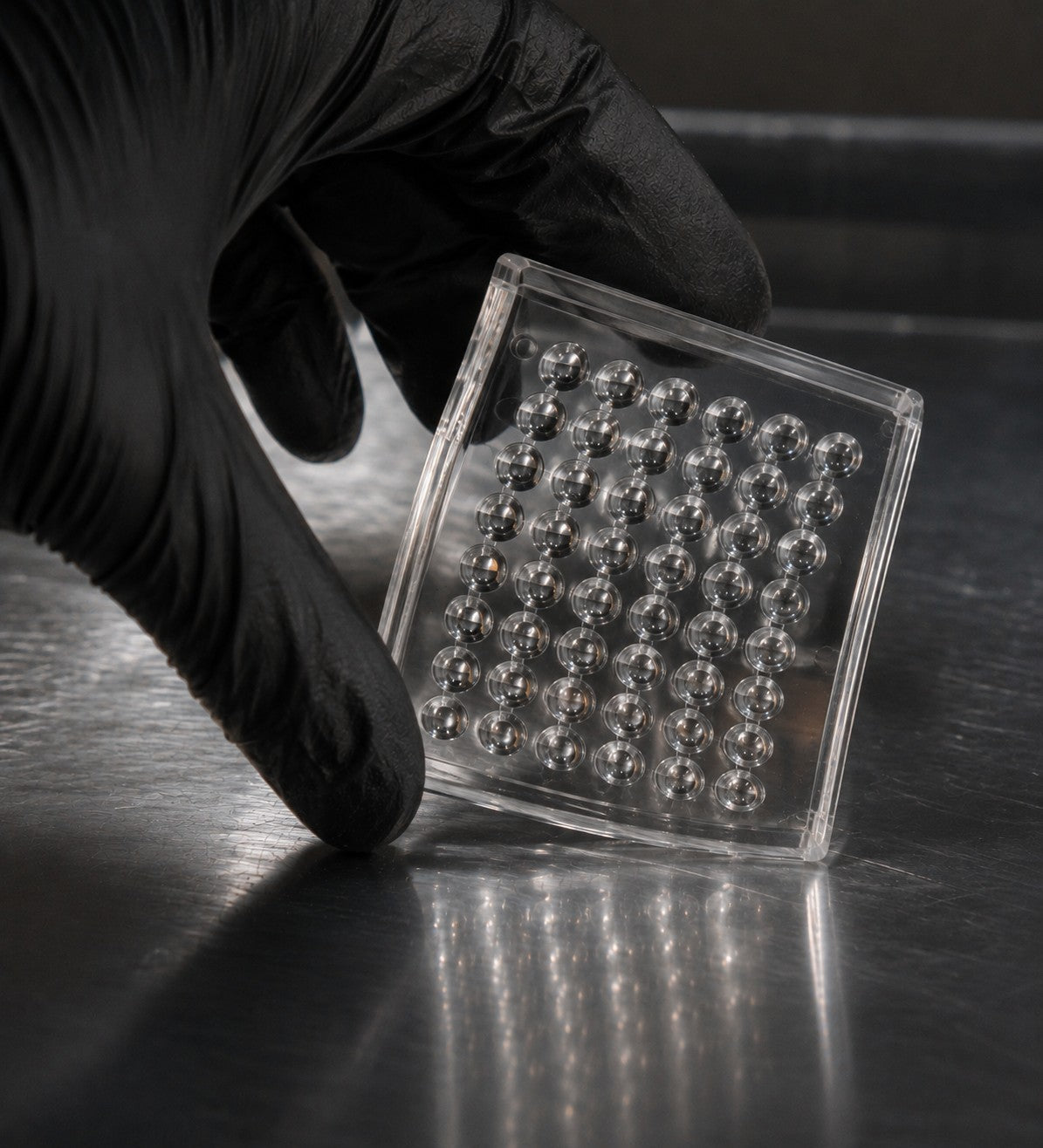 Gloved hand holding a demoulded silicone microlens array panel, straight off the tool